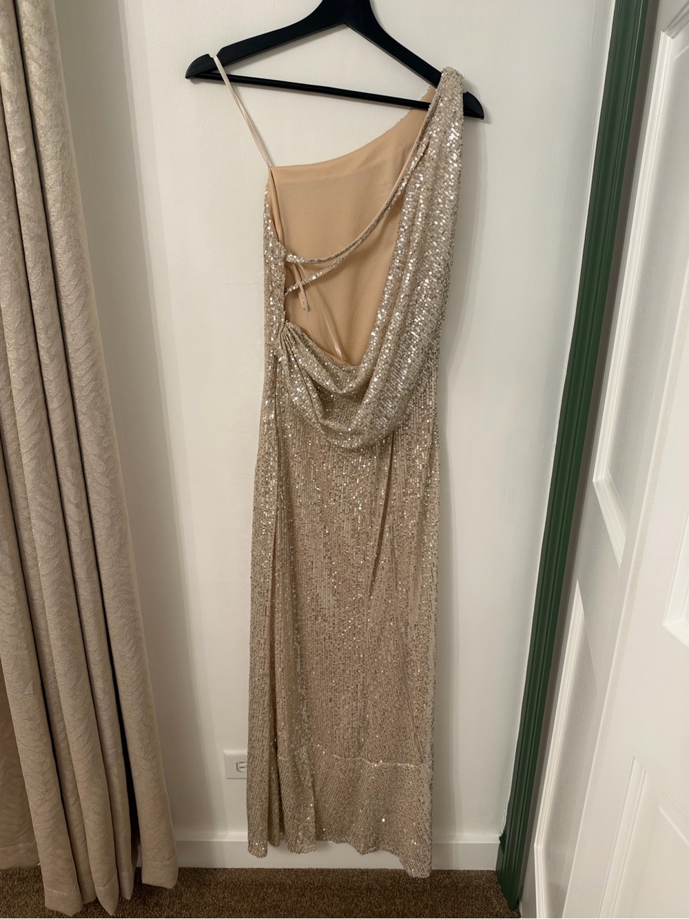 Sequin Draped Evening Gown - Champagne